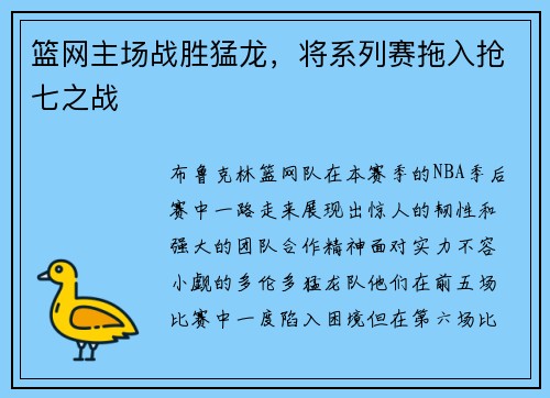 篮网主场战胜猛龙，将系列赛拖入抢七之战
