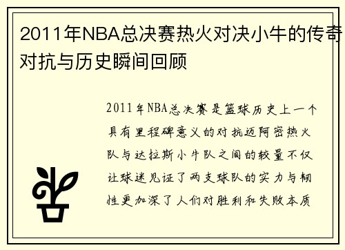 2011年NBA总决赛热火对决小牛的传奇对抗与历史瞬间回顾