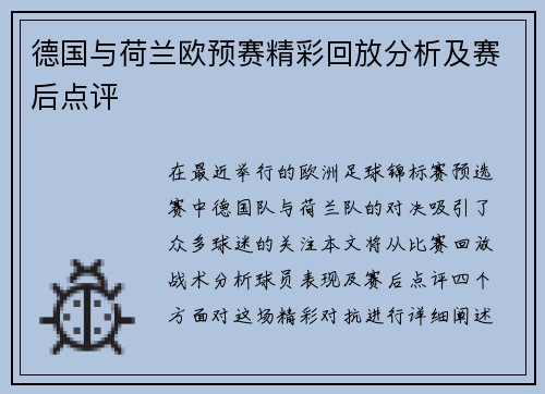 德国与荷兰欧预赛精彩回放分析及赛后点评