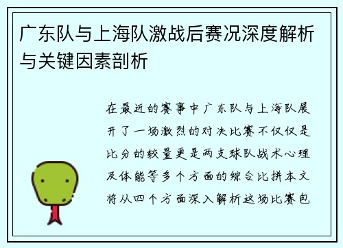 广东队与上海队激战后赛况深度解析与关键因素剖析